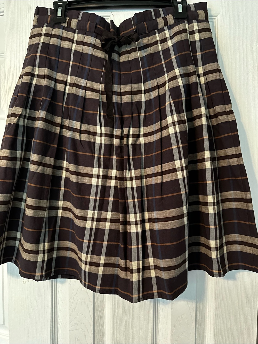 BCBGMaxAzria Brown and Cream Plaid Pleated Skater Skirt